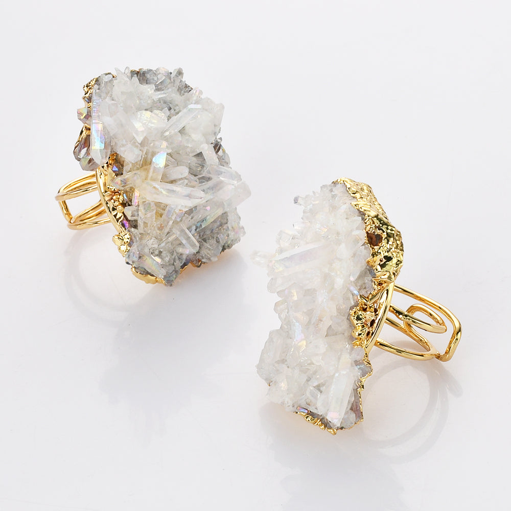 Gold Plated Angel Aura Crystal Cluster Point Ring, AB White Quartz Ring Jewelry G2094
