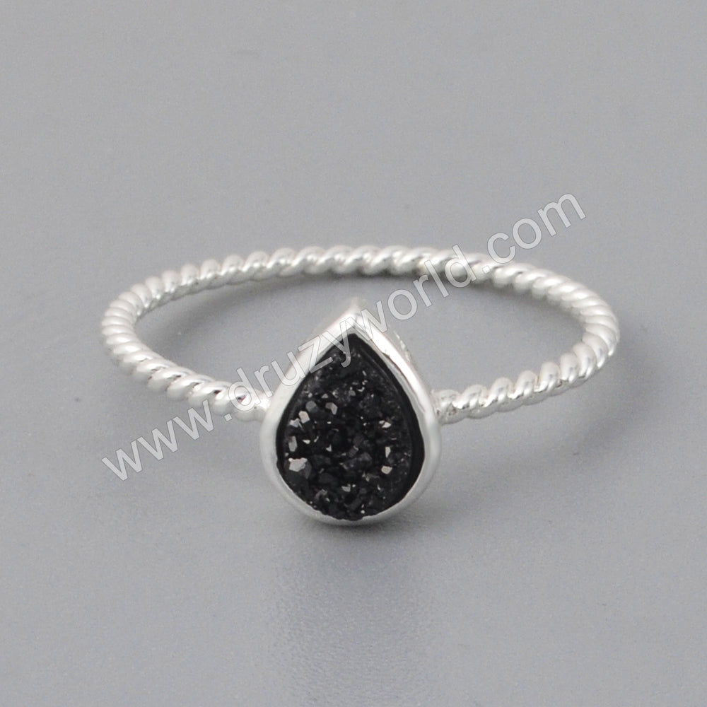 Teardrop Silver Plated Bezel Natural Titanium Agate Druzy Ring ZS0288