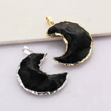 WX2067 Gold / Silver Plated Moon Shape Natural Black Obsidian Pendant Rough Gemstone Crescent Moon Pendant