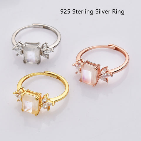 S925 Sterling Silver Rectangle Moonstone Faceted Ring Zircon Ring, Adjustable, 18k Gold Plated Jewelry Ring SS236RG