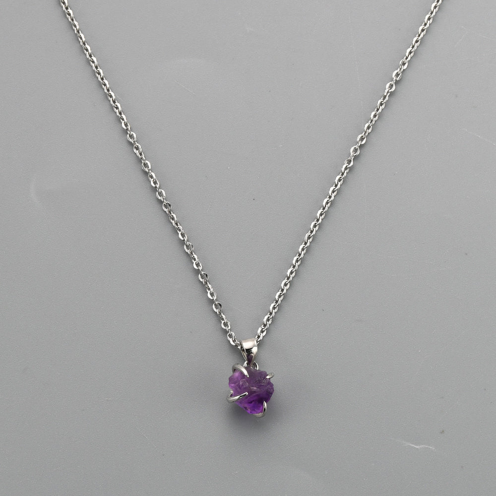 16" Silver Plated Claw Tiny Rainbow Natural Gemstone Necklace, Raw Healing Crystal Stone Pendant Necklace, Birthstone Necklace Jewelry ZS0479-N Amethyst Necklace