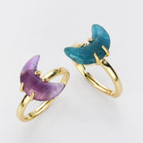 Adjustable Gold Plated Claw Gemstone Moon Ring, Healing Crystal Stone Crescent Ring Jewelry AL603