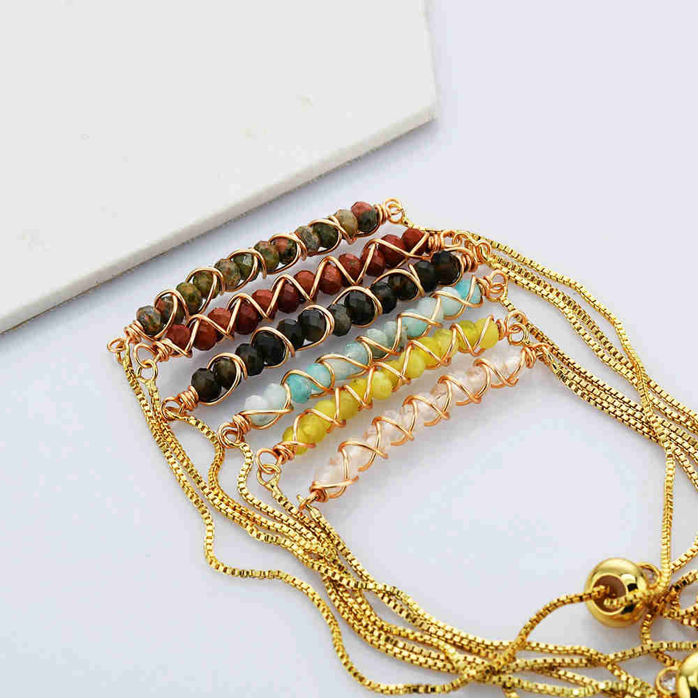Gold Wire Wrap Multi-kind Stone Faceted Beads Adjustable Bracelet WX2082