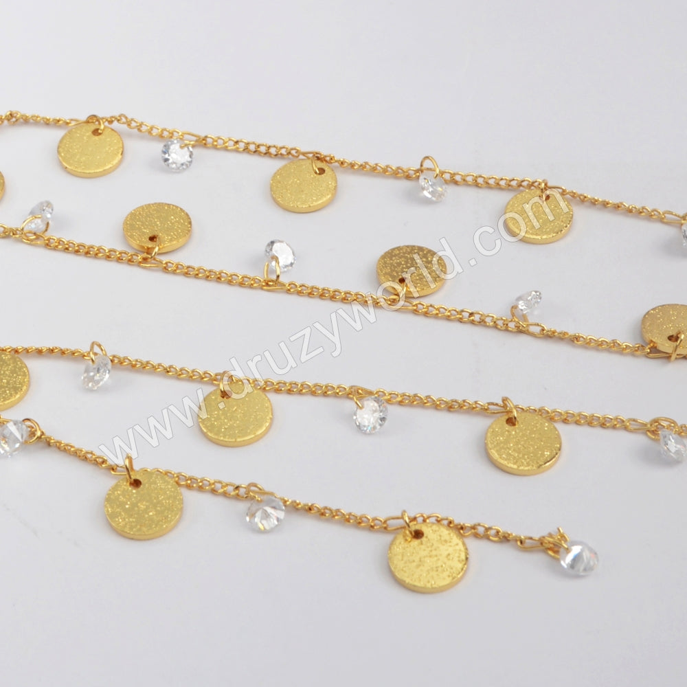 8mm Coin With White CZ Bead Chains In Gold Plated JT237