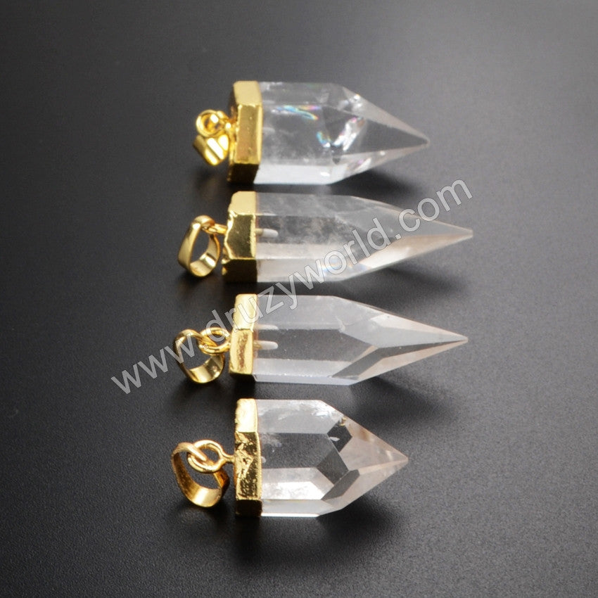 Gold Plated Natural White Quartz Faceted Point Pendant Bead G1009