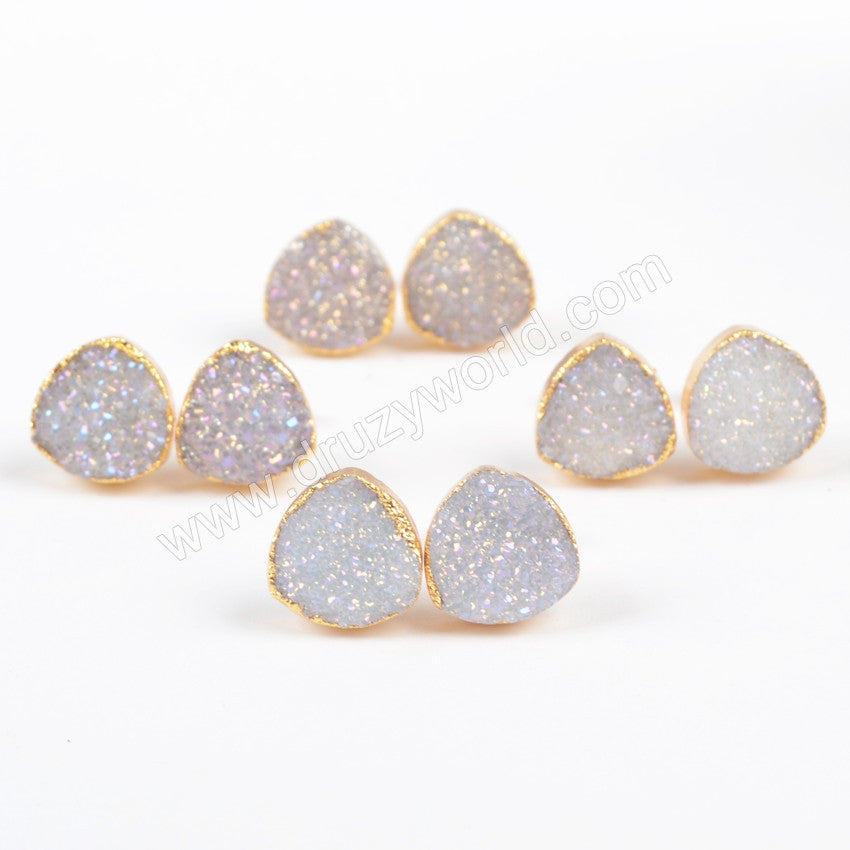 Triangle 12mm Natural Titanium AB White Druzy Stud Earrings Gold Plated Jewelry G0881