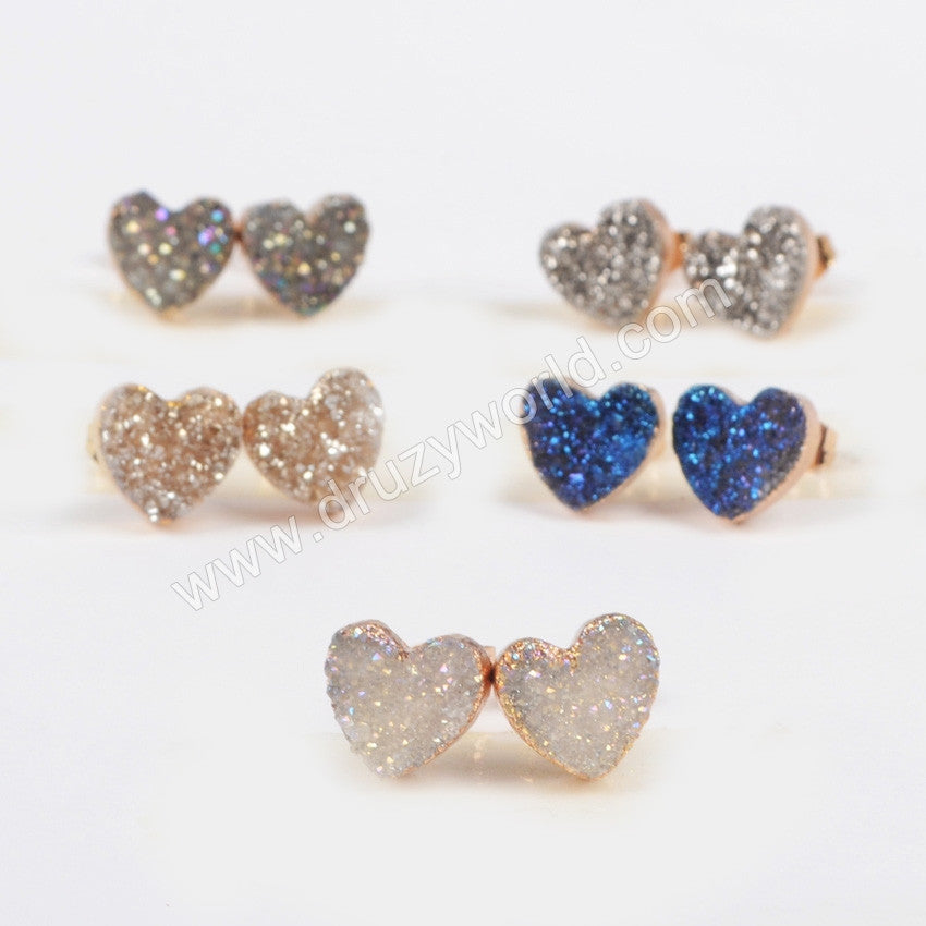 Lovely Heart 10mm Natural Agate Titanium AB Druzy Stud Earrings Gold Plated Crystal Jewelry G0910