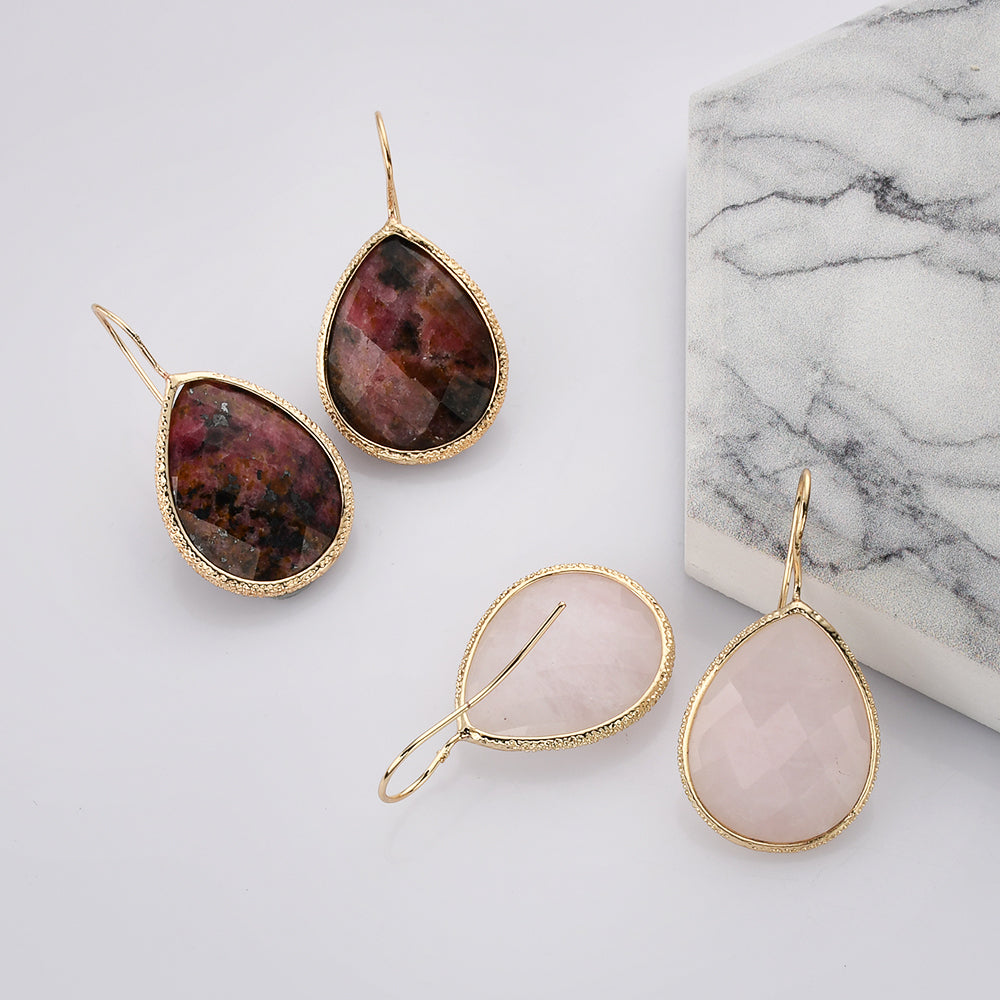 Teardrop Gold Plated Rainbow Natural Gemstone Earrings, Faceted Rose Quartz Amazonite Labradorite Lapis Amethyst Earrings,  Healing Crystal Stone Jewelry WX2148