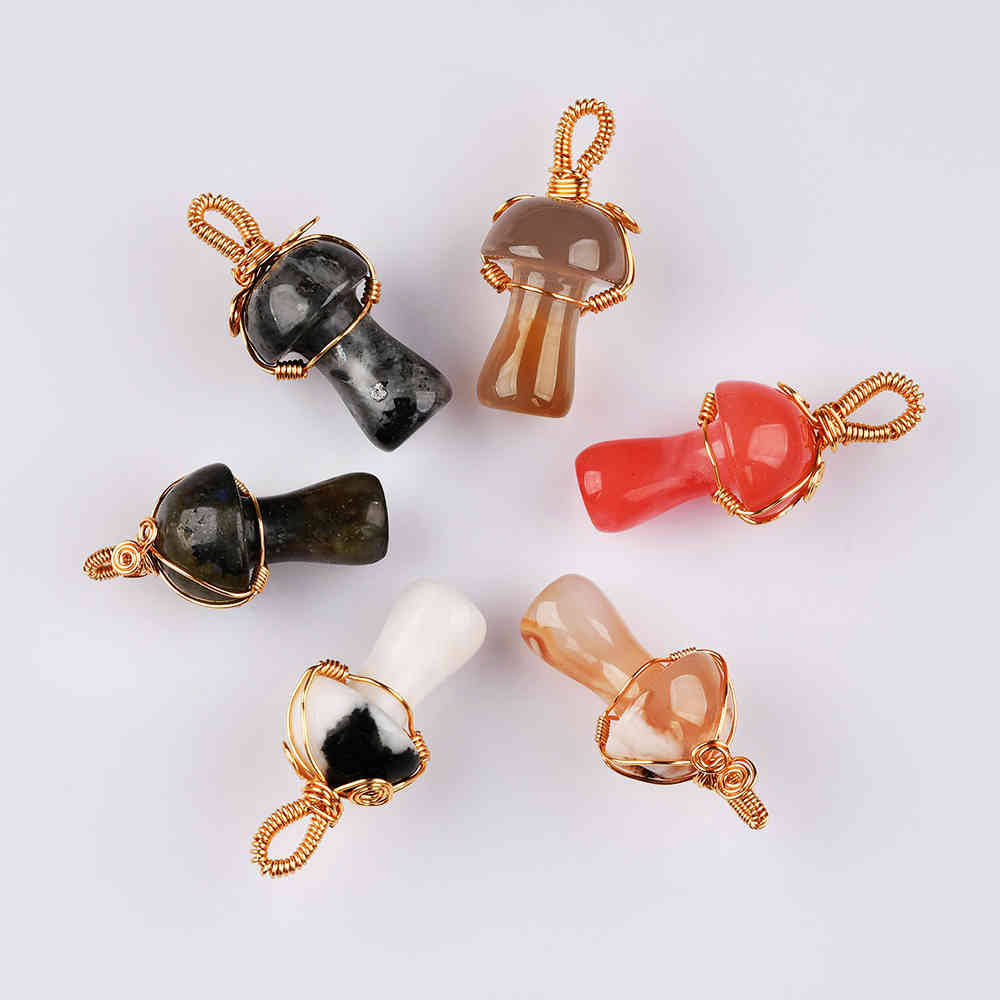 Small Mushroom Crystal Gemstone Pendant Wire Wrap Healing Crystal Stone Jewelry WX2121 