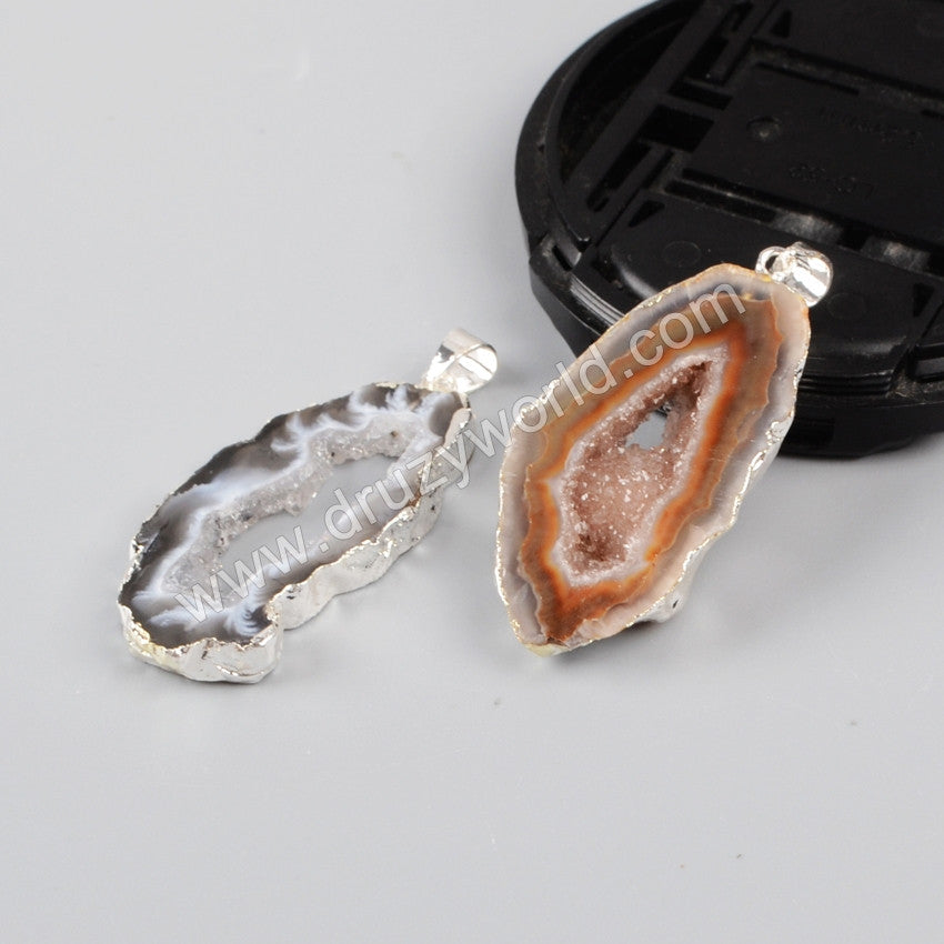 925 Sterling Silver Natural Color Onyx Druzy Agate Geode Slice Pendant Bead SS013