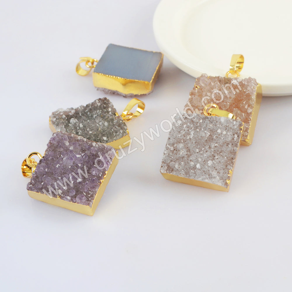Gold Plated Square Natural Colors Agate Druzy Pendant, Drusy Crystal Pendant G2022