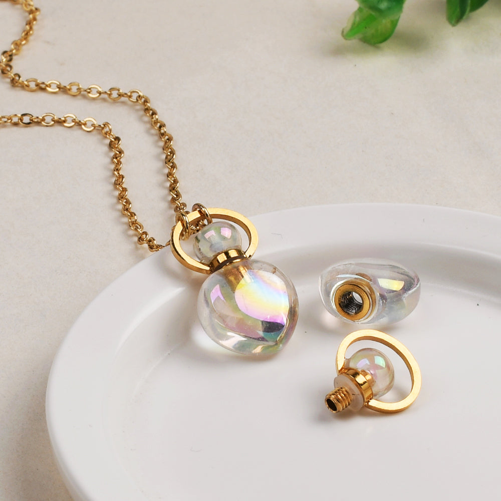 Gold Plated Heart AB Color White Quartz Perfume Bottle Pendant Necklace Small Size Healing Crystal Stone Bottle Jewelry G2066