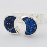 Silver Plated Bezel Crescent Moon Natural Titanium Druzy Studs Earrings ZS0282