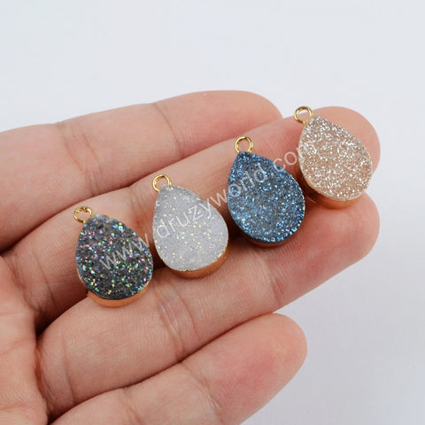 Teardrop Rainbow Titanium Natural Druzy Charm Gold Plated, Crystal Drusy Charm For Jewelry Making  G1455