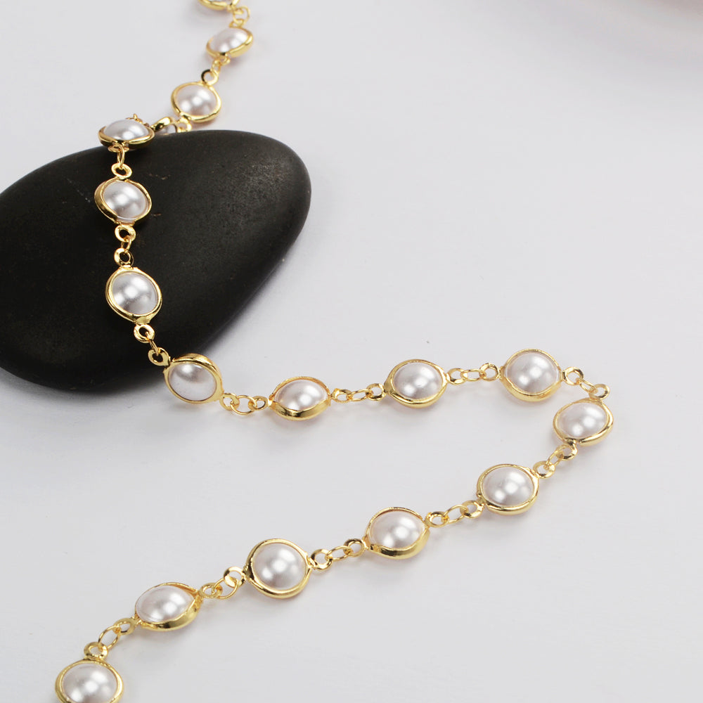 16 Feet Gold Plated Brass Round Pearl Chain, Pearl Bead Chain, For Necklace Bracelet Jewelry Making, Wholesale Supply PJ492