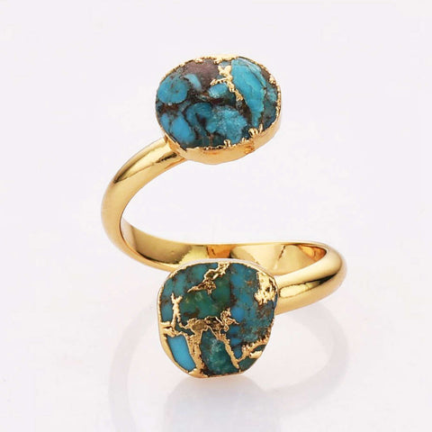 Adjustable Gold Plated Double Copper Turquoise Ring, Real Turquoise Aqua Gemstone Jewelry G2082