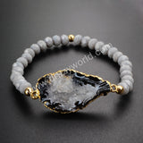 Natural Onyx Agate Geode Slice & 6mm Beads Bracelet Gold Plated G1019