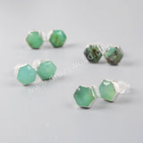 S925 Sterling Silver Hexagon Natural Australia Jade Stud Earrings SS050