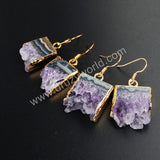 Natural Amethyst Slice Druzy Dangle Earrings Gold Plated WX014