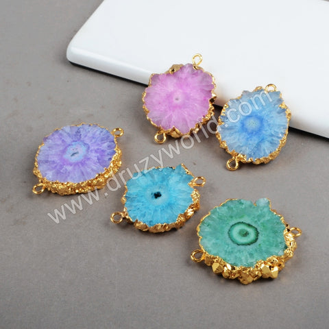 Rainbow Solar Quartz Connectors with Double Bails, Gold Plated Crystal Stone Jewelry Charm & Pendants G0246