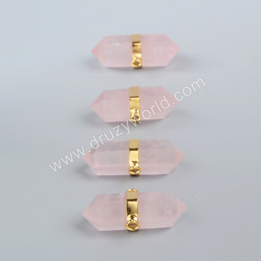 Gold Plated Hexagon Natural Rose Quartz Faceted Connector Double Bails G1011