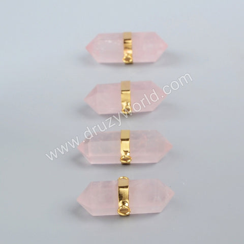 Gold Plated Hexagon Natural Rose Quartz Faceted Connector Double Bails G1011