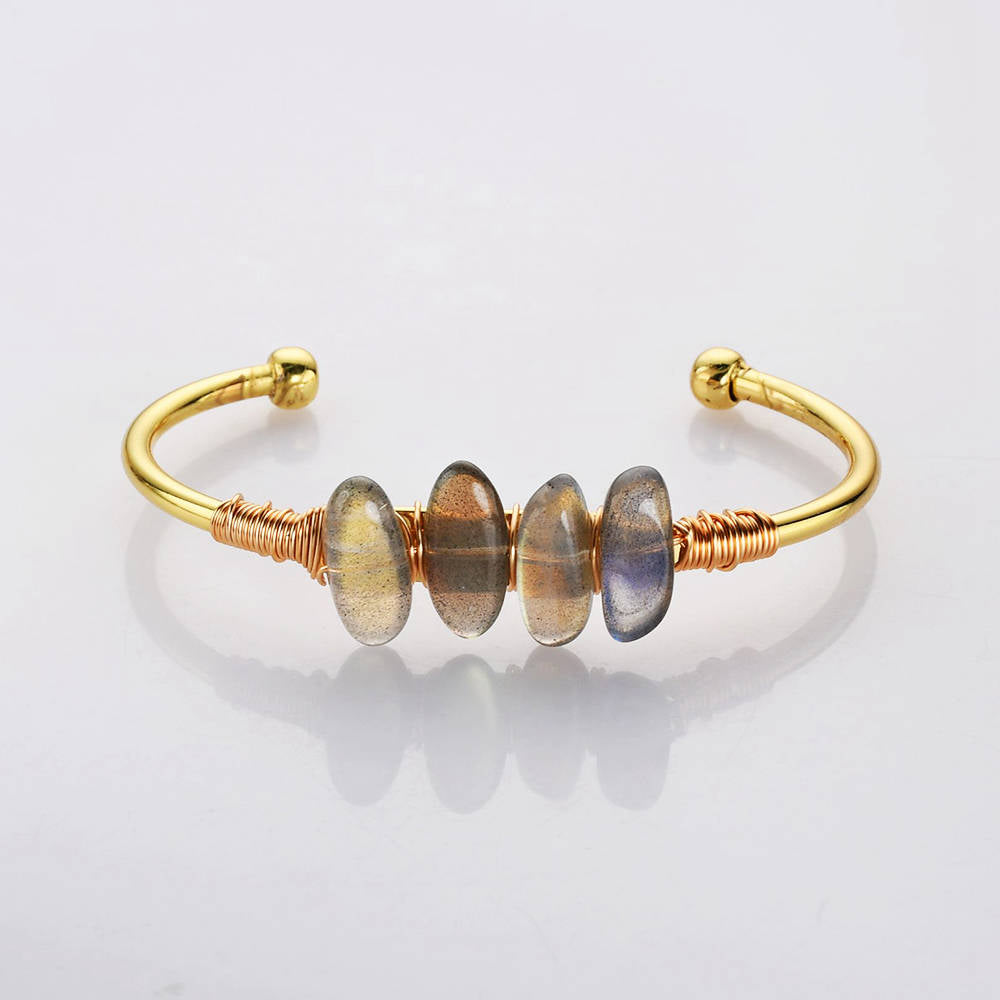 Gold Wire Wrap Labradorite Bangle Bracelet Oval Shape Stone Labradorite Crystal Bracelet Jewelry  WX2078