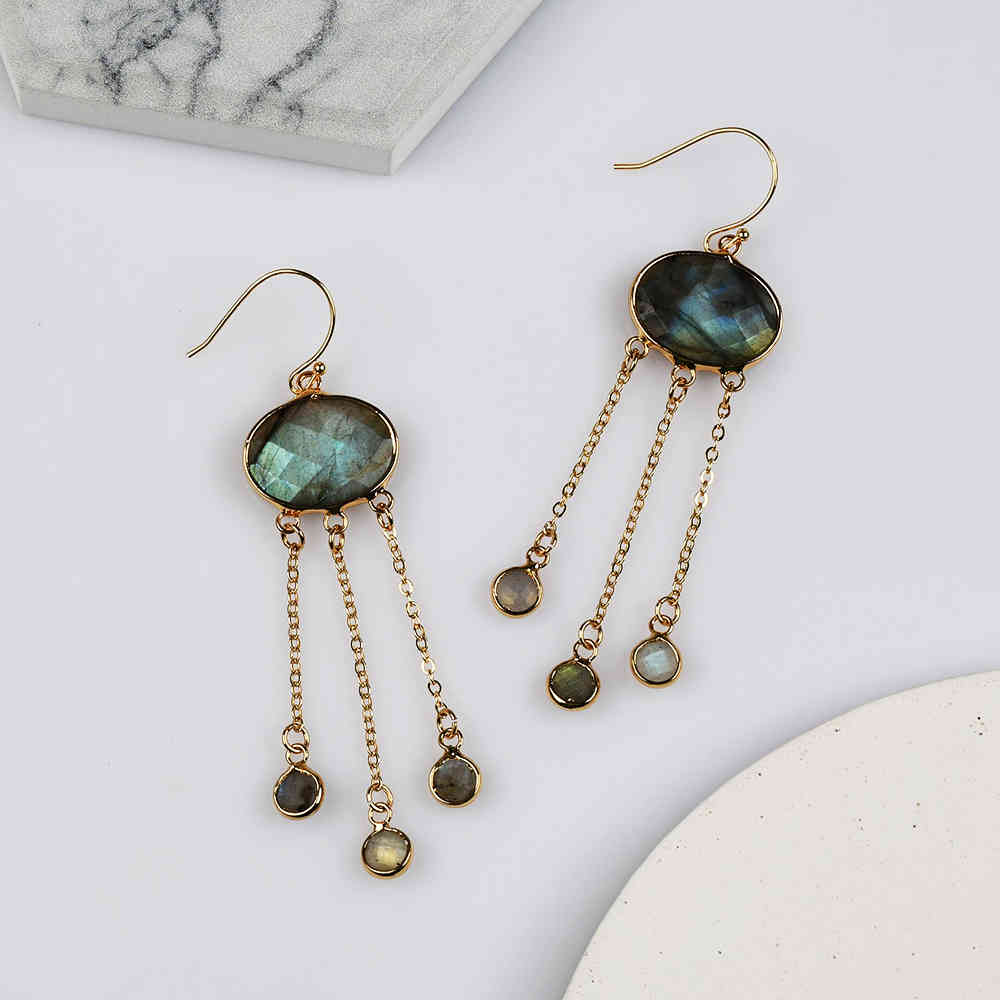Gold Plated Oval Labradorite Faceted Tassels Dangle Earrings G2085