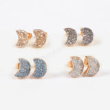 Crescent Moon Natural Agate Titanium Rainbow Druzy Stud Earrings Gold Plated Crystal Jewelry G0913