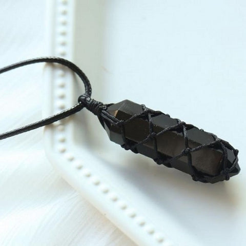 Wrap Natural Obsidian/Rose Quartz/White Quartz/Fluorite Terminated Hexagon Point Pendant Necklace, Healing Crystal Stone Necklace Jewelry HUS036