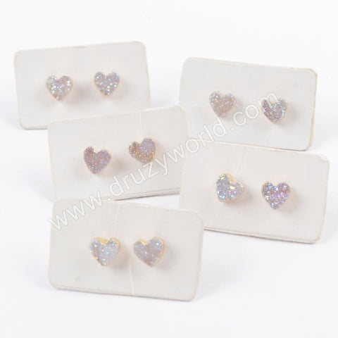 Heart 6mm Gold Plated Natural Agate Titanium AB White Color Druzy Studs Earrings G1711