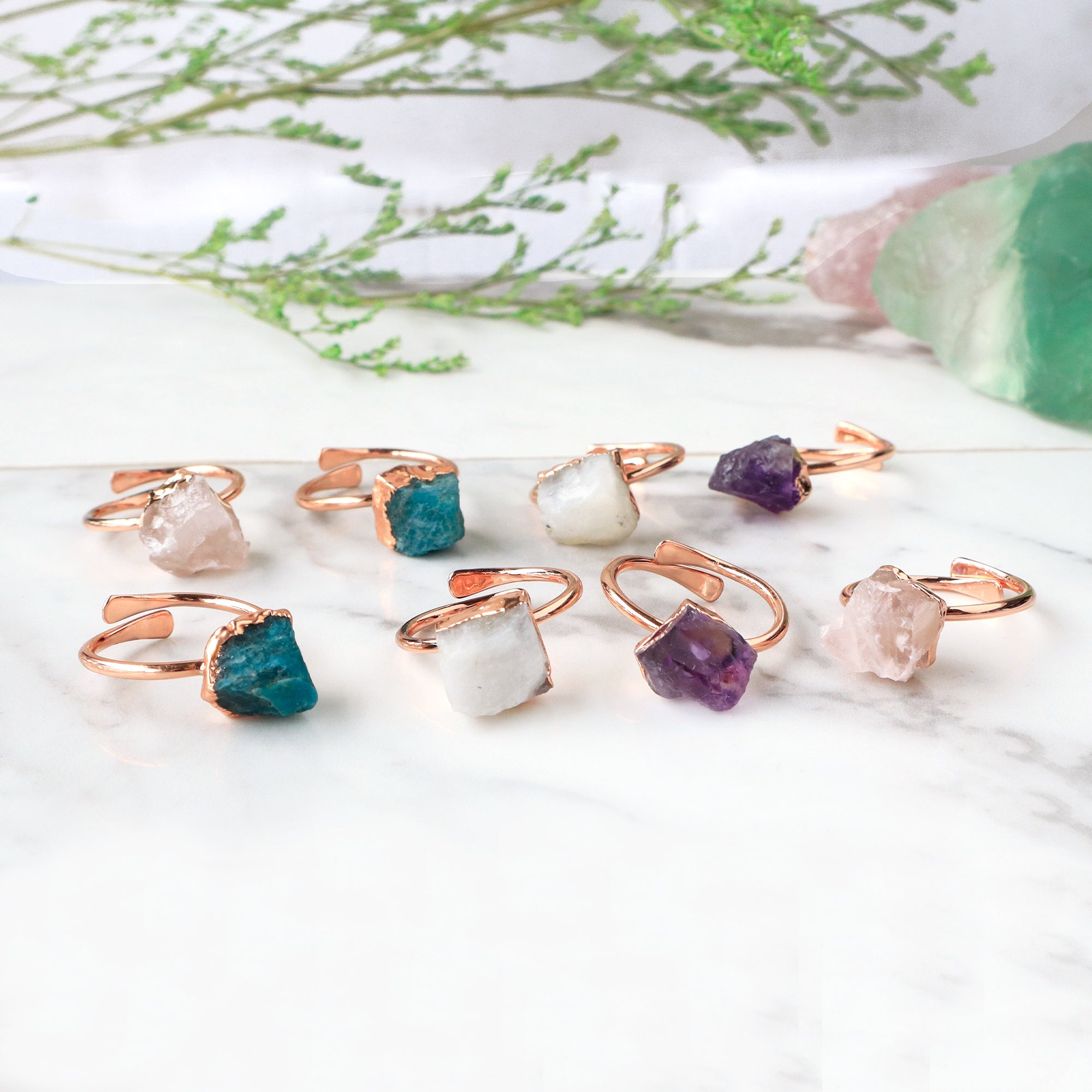 Rose Gold Plated Rainbow Gemstone Ring, Adjustable, Raw Healing Crystal Stone Ring, Birthstone Jewelry Ring BT013