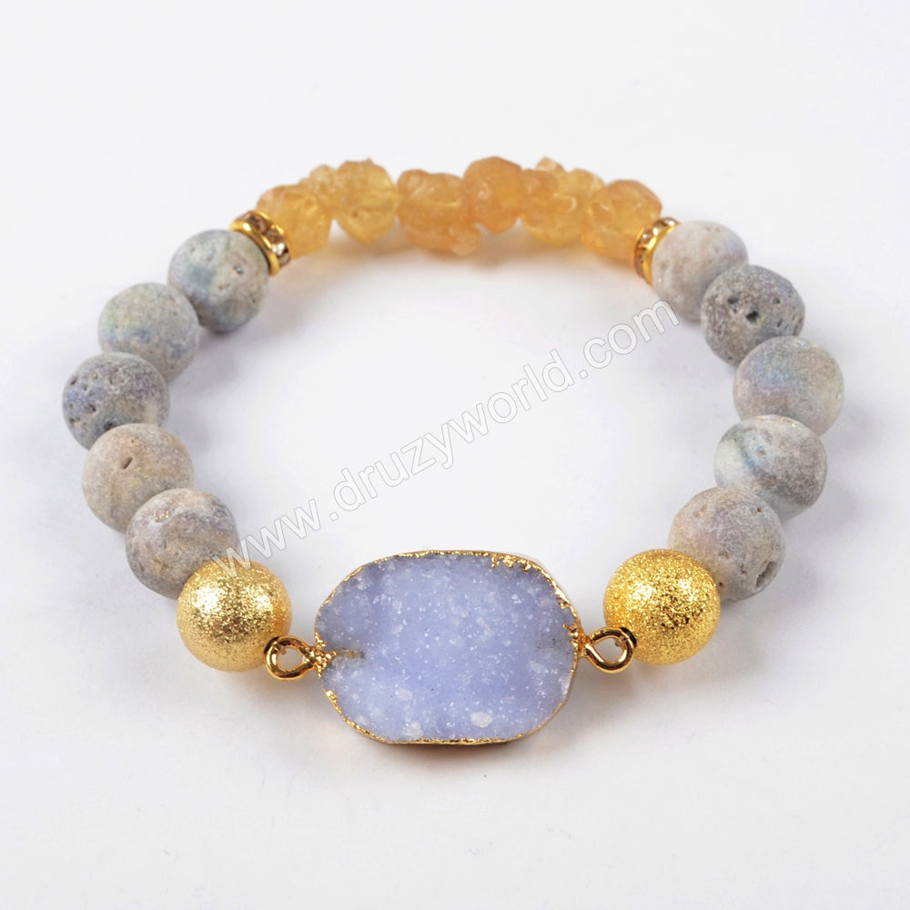Gold Plated Natural Agate Titanium Rainbow Druzy With Titanium Rainbow Beads & Citrine Bracelet G1483