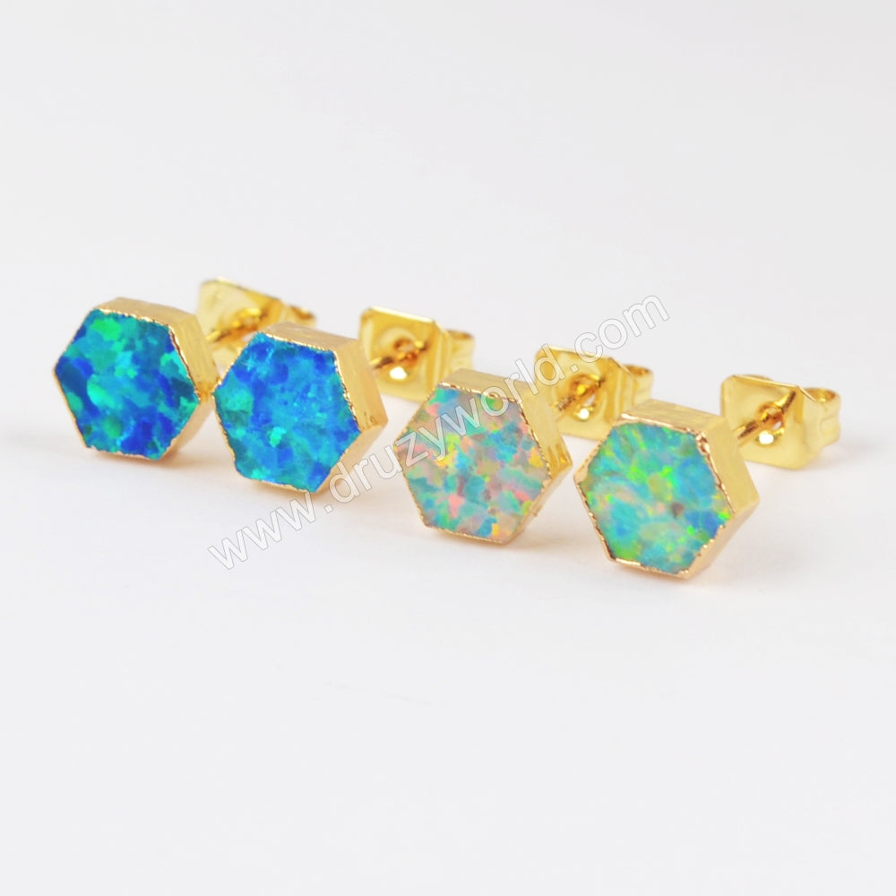 Hexagon Blue Opal Studs Earring Gold Plated G1422