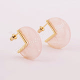 Gold Plated Natural Rose Quartz Slice Stud Earrings, Big Round Coin Earrings ZG0421