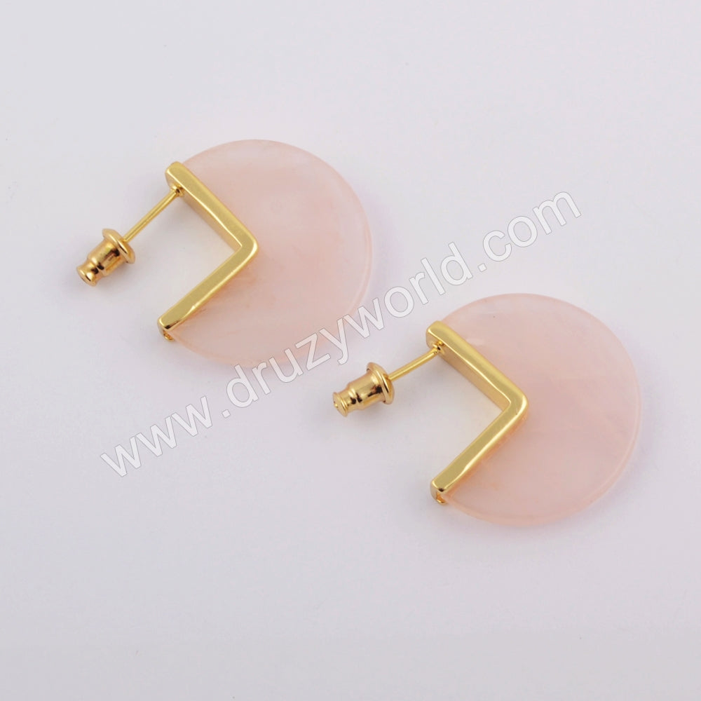 Gold Plated Natural Rose Quartz Slice Stud Earrings, Big Round Coin Earrings ZG0421