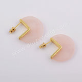 Gold Plated Natural Rose Quartz Slice Stud Earrings, Big Round Coin Earrings ZG0421