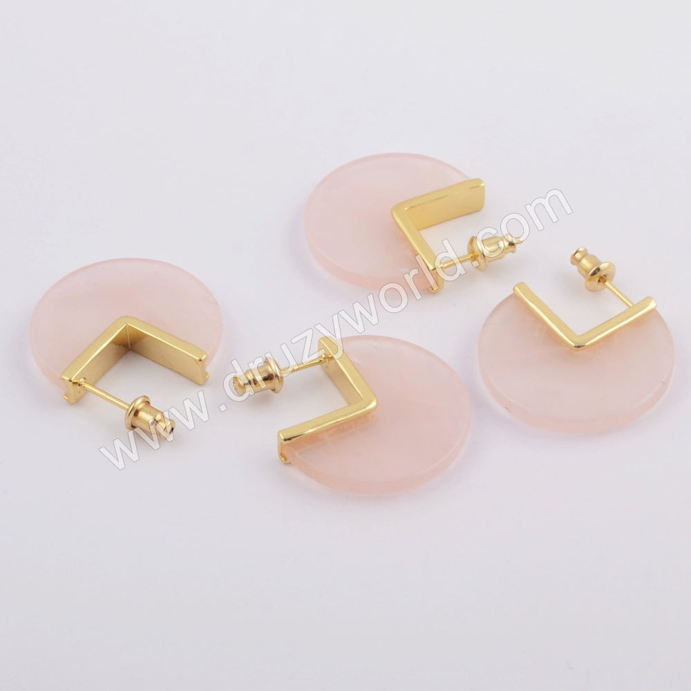 Gold Plated Natural Rose Quartz Slice Stud Earrings, Big Round Coin Earrings ZG0421