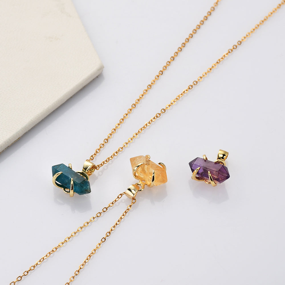 16" Tiny Gold Plated Claw Rainbow Natural Gemstone Necklace, Terminated Point, Faceted Healing Crystal Stone Necklace, Birthstone Jewelry ZG0480-N
