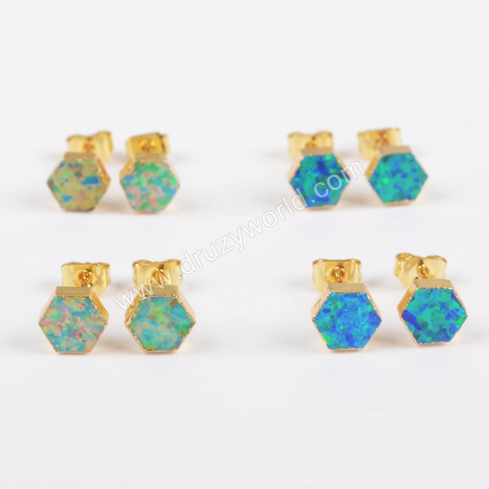 Hexagon Blue Opal Studs Earring Gold Plated G1422