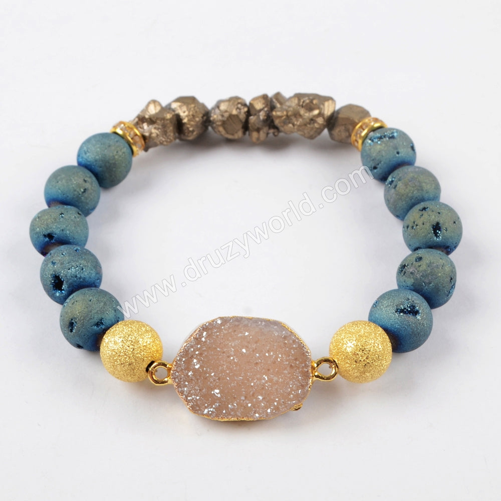 Gold Plated Natural Agate Titanium Rainbow Druzy With Titanium Rainbow Beads & Citrine Bracelet G1483