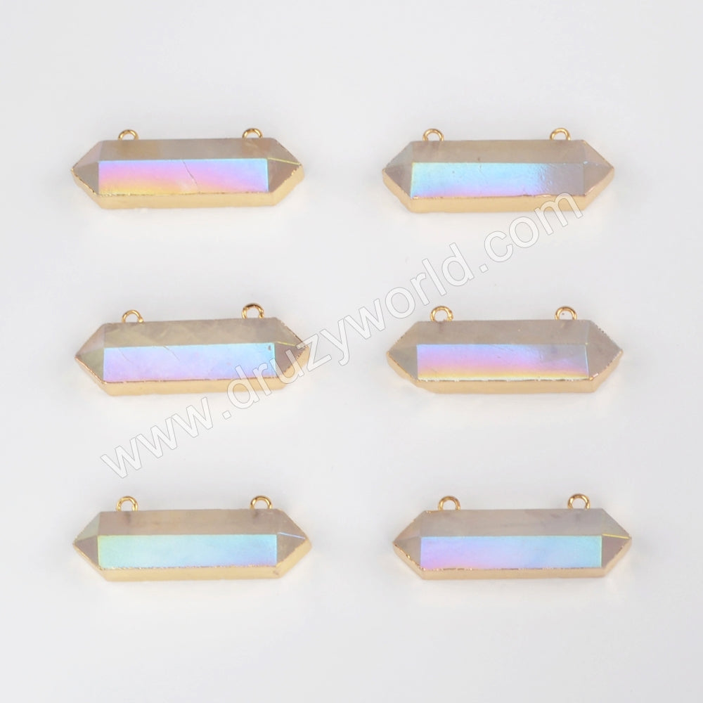 Hexagon Gold Plated Angel Aura Quartz Terminated Point Connector / Necklace Faceted Healing Crystal Charms DIY Jewelry Makning G1868