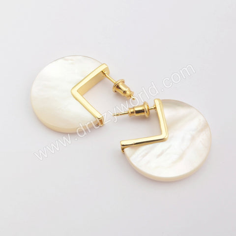 Unique Round Gold Plated Mother of Pearl Slice Stud Earrings, White Pearl Shell Earrings ZG0422