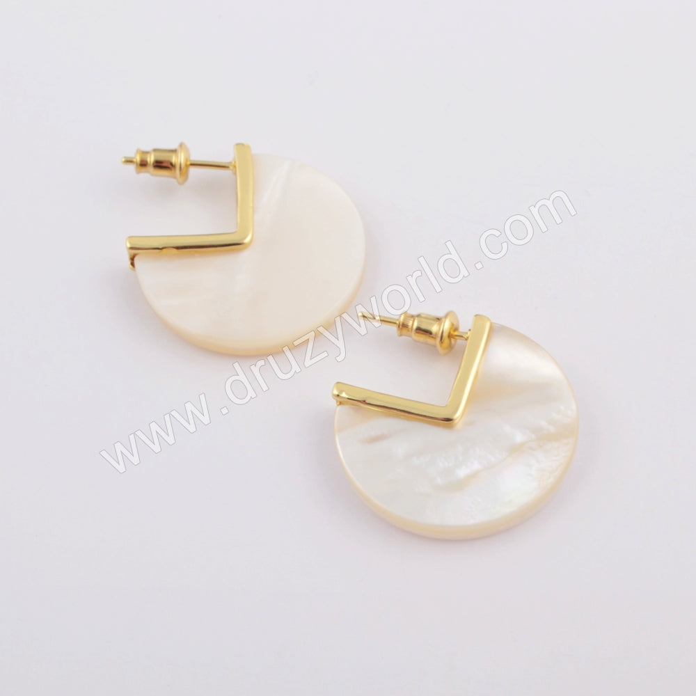 Unique Round Gold Plated Natural White Shell Slice Stud Earrings ZG0422 Pearl Shell Mother of Pearl Earrings Beach Seal Shell Jewelry