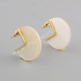 Unique Round Gold Plated Mother of Pearl Slice Stud Earrings, White Pearl Shell Earrings ZG0422