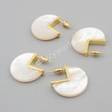 Unique Round Gold Plated Mother of Pearl Slice Stud Earrings, White Pearl Shell Earrings ZG0422