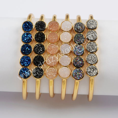 Gold Plated Five Round Natural Agate Titanium Druzy Bangle Bracelet, Crystal Cuff ZG0423