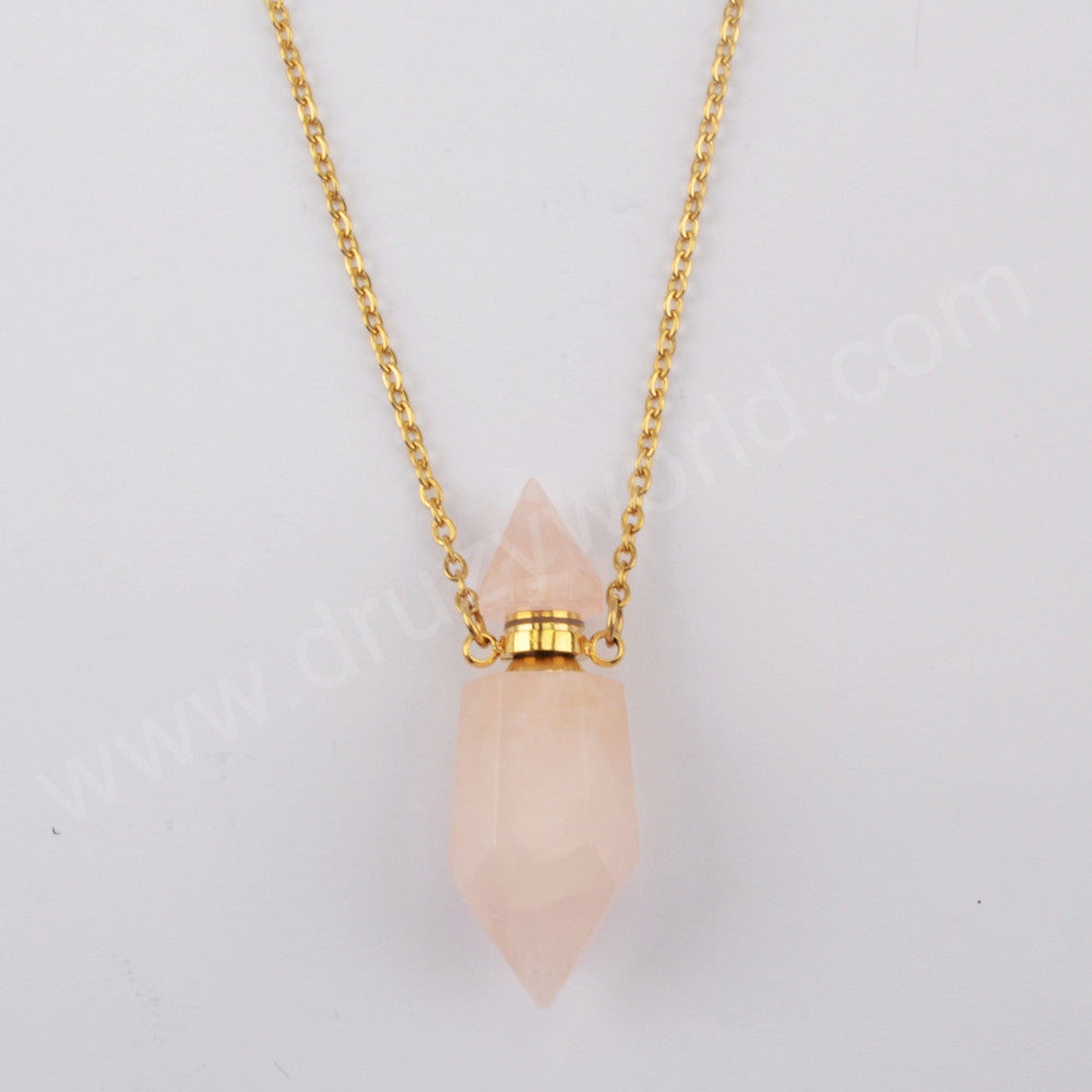 Multi Gemstone Fluorite Quartz Perfume Bottle Gold Plated Necklace, Healing Crystal Stone Bottle Necklace G1942-N