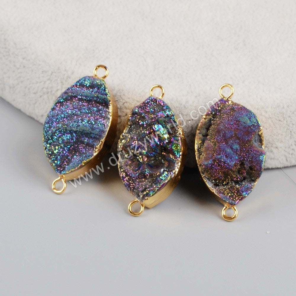 Marquise Shape Titanium AB Druzy Galaxy Quartz Connector Gold Plated, For Jewelry Making G1216