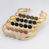 Gold Plated Five Round Natural Agate Titanium Druzy Bangle Bracelet, Crystal Cuff ZG0423